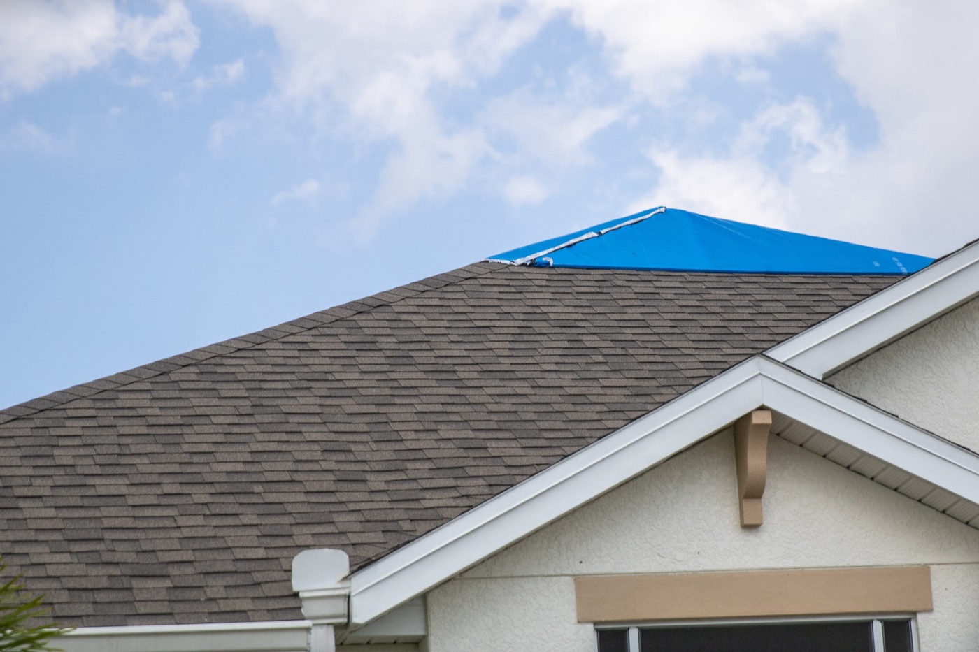 Blue emergency tarp secured over the damaged ridge of a shingle roof in Central Florida